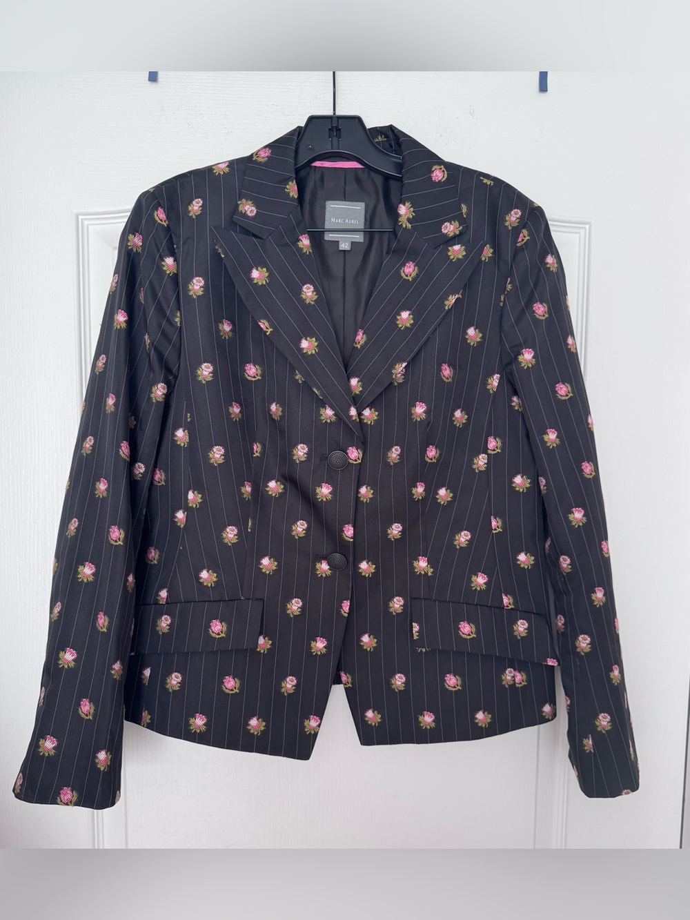 Marc Aurel Black Pinstripe Blazer with Pink Floral Print